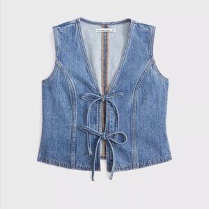 NWT Abercrombie & Fitch Tie Front Denim Vest Jean Bows Open Front V Neck XXS